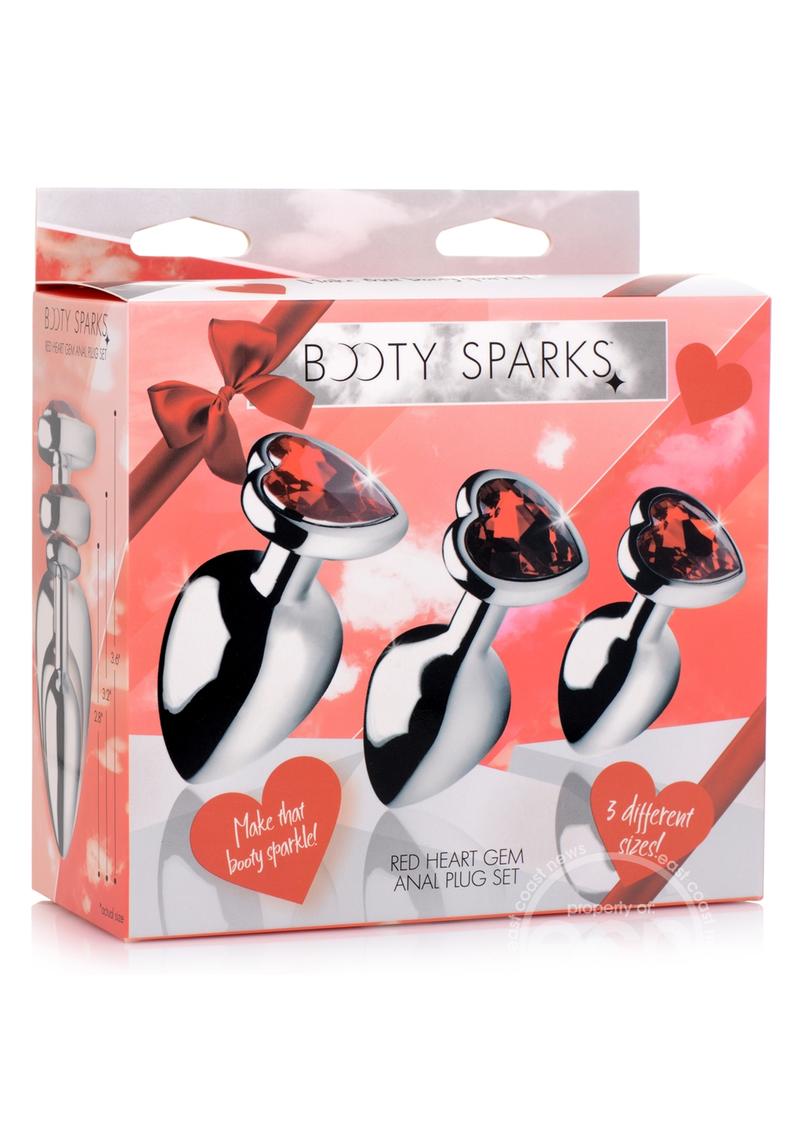 Booty Sparks Gemstones Red Jasper Hearts Anal Plug Set (3 pieces) - Red