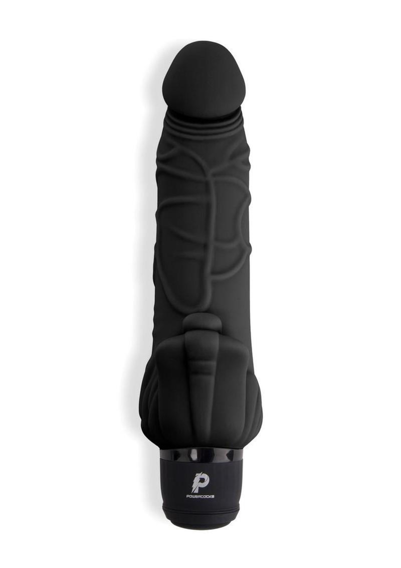 Powercocks Silicone Realistic Vibrator with Clitoral Stimulator 7in - Black