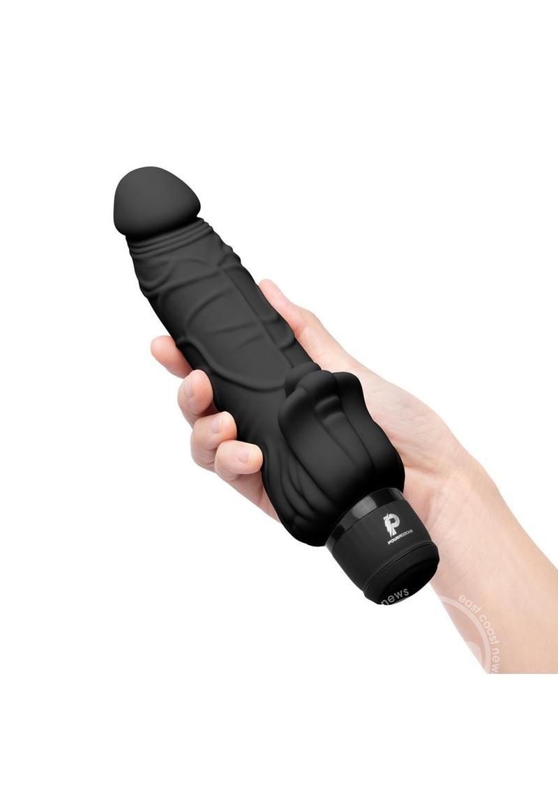 Powercocks Silicone Realistic Vibrator with Clitoral Stimulator 7in - Black