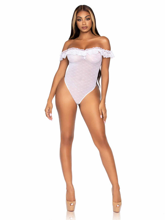 Lace ruffle off the shoulder t